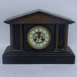 A large slate and brass architectural mantel clock, and an oak-cased 2-train mantel clock, largest