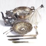 A ribbed glass double oil vessel with stoppers and silver mounts, a silver plated salad bowl,
