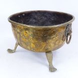 A 19th century Dutch brass coal bucket, with lion mask handles and paw feet with relief embossed