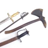 A reproduction Indian tulwar sword, painted and gilded wood sword and axe, and a small