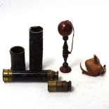 Various interesting collectables, including a leather falconry hood, turned wood ball and cup