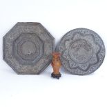 2 Middle Eastern engraved brass trays, and a soapstone urn (3)