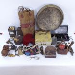 Various interesting collectables, including stained glass box, bunting boxes, Tribal canvas bag, and