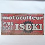 2 French Vintage painted tin advertising signs, including Motoculteur and Amstel, largest length