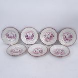 A set of 7 19th century Sunderland Lustre plates with relief moulded borders, 16.5cm across