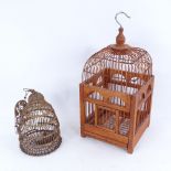A small gilded wirework beehive-shape hanging bird cage, and a bent hardwood dome-top hanging bird