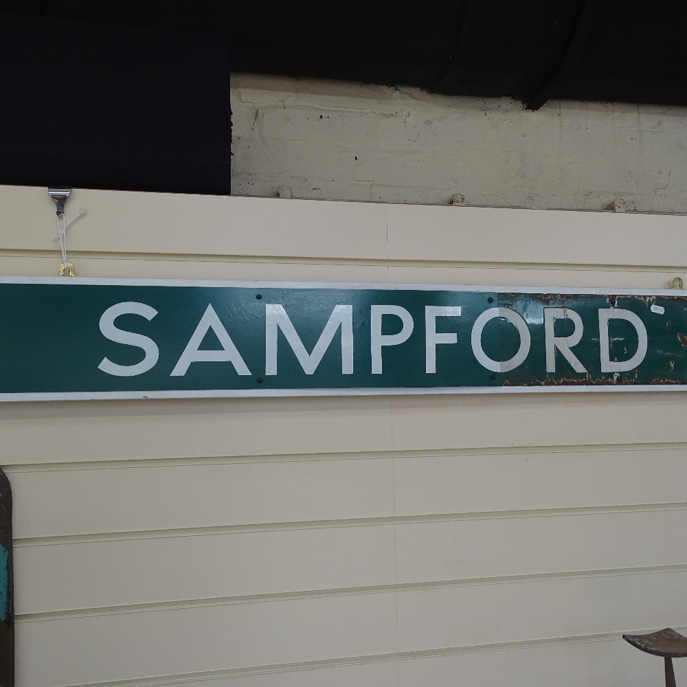 A Vintage green and white enamel Sampford Courtenay enamel railway sign, mounted on wood backing, - Image 2 of 3