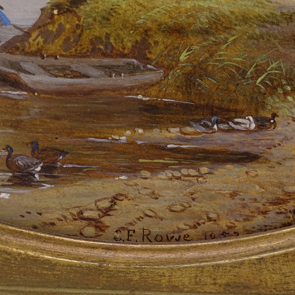E F Rowe, circular oil on panel, Dutch river landscape, dated 1852, 28cm x 28cm, gilt-gesso frame - Image 2 of 2