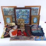 Various Oriental watercolour thangka and embroideries