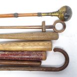 Various canes and sticks, including a long ceremonial brass orb sceptre in a painted metal stick