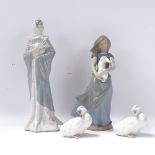 4 NAO figures, lady with a fan, height 31.5cm, a girl with a rabbit, and 2 ducks