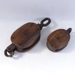 2 Vintage oak ship's pulley blocks, largest overall length 52cm (2)