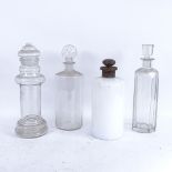 4 glass chemist's jars/bottles, including milk glass example with brass stopper, largest height 27.