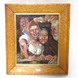 Oil on canvas, Continental figures in a crowd, 29cm x 24cm, maple-framed