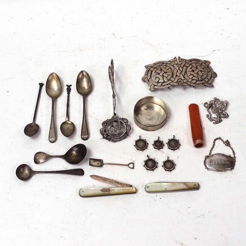 Various silver and collectables, including Scott Adie Scottish Arts and Crafts nurse's buckle, set
