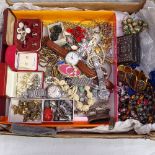 A tray of mixed costume jewellery and silver, to include a silver Vesta case, silver and niello
