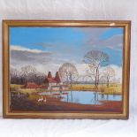 Lesley Finney, oil on canvas, farmyard buildings, 45cm x 60cm, gilt-framed