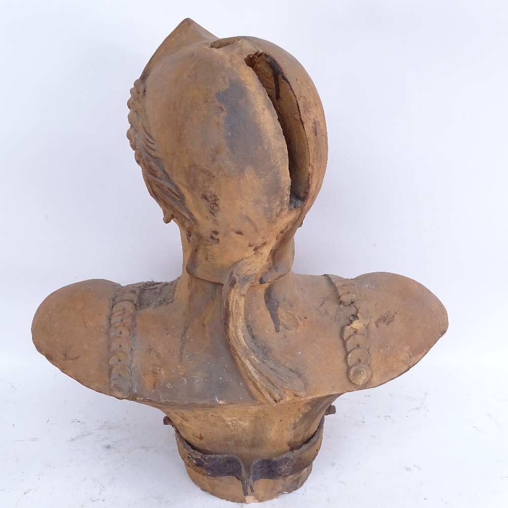 A large Antique clay female bust sculpture, depicting female in bodice wearing a helmet, sculpture - Image 2 of 3