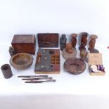 Mahogany tea caddy, turned wood bowl, African Tribal carvings, papier mache boxes etc
