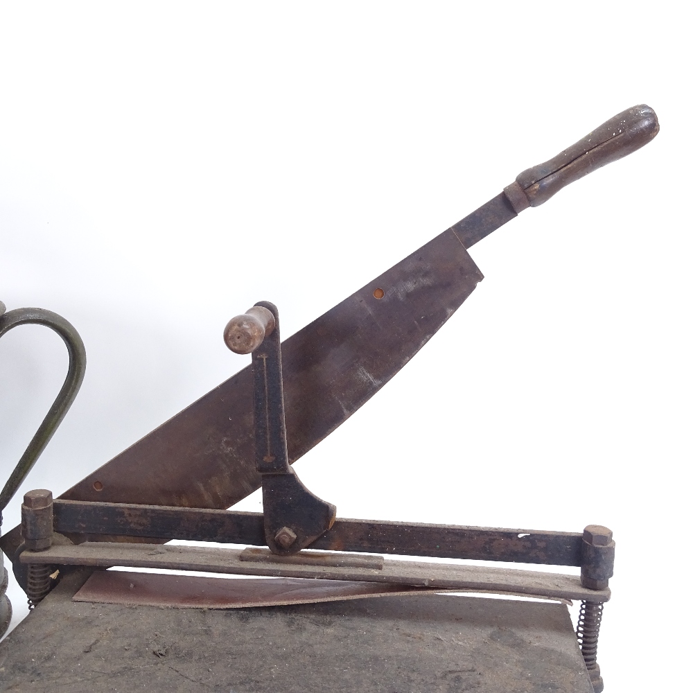 A painted and gilded bargeware tin water can, and a cast-iron paper guillotine, can height 34cm (2) - Image 3 of 3