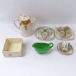 2 1930s egg cup sets on stands with painted decoration, a Burleigh Ware coffee cup and saucer, etc
