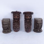 A pair of carved oak lion wall brackets, and a pair of stained wood grotesque figure pediments,