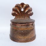 An Art Nouveau copper wall hanging coal bin, relief embossed foliate decoration with raised back,