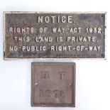 2 cast-iron signs, including Rights of Way Act 1932, by Mitchells & Butlers Ltd, largest length 38cm