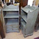 A pair of green painted side cabinets, with open shelf and 2 drawers, on bracket feet, W46cm, D30cm,