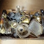 A tray of plated and brassware, to include teaware, vases, toast rack etc