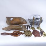 Wrought-iron pig watering can, stained glass owl, pair of brass candlesticks, wood ornaments, etc