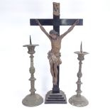 A large 19th century carved and painted wood crucifix, overall height 77cm