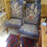 A pair of Queen Anne style high-back side chairs, with tapestry upholstery, raised on acanthus