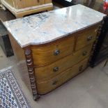 A 19th century mahogany bow-front chest, with shaped marble top, 2 short and 3 long drawers, split