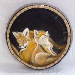 Clive Fredriksson, oil on circular panel, study of foxes, 50cm x 50cm