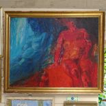 Wasilczuk, oil on canvas, red and blue nude study, 79cm x 100cm, gilt-framed