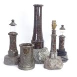 4 carved and polished serpentine marble lighthouse design table lamps, and a serpentine marble brush