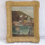 H V O'Shea, oil on panel, a study of Polperro harbour, 28cm x 20cm, gilt-framed