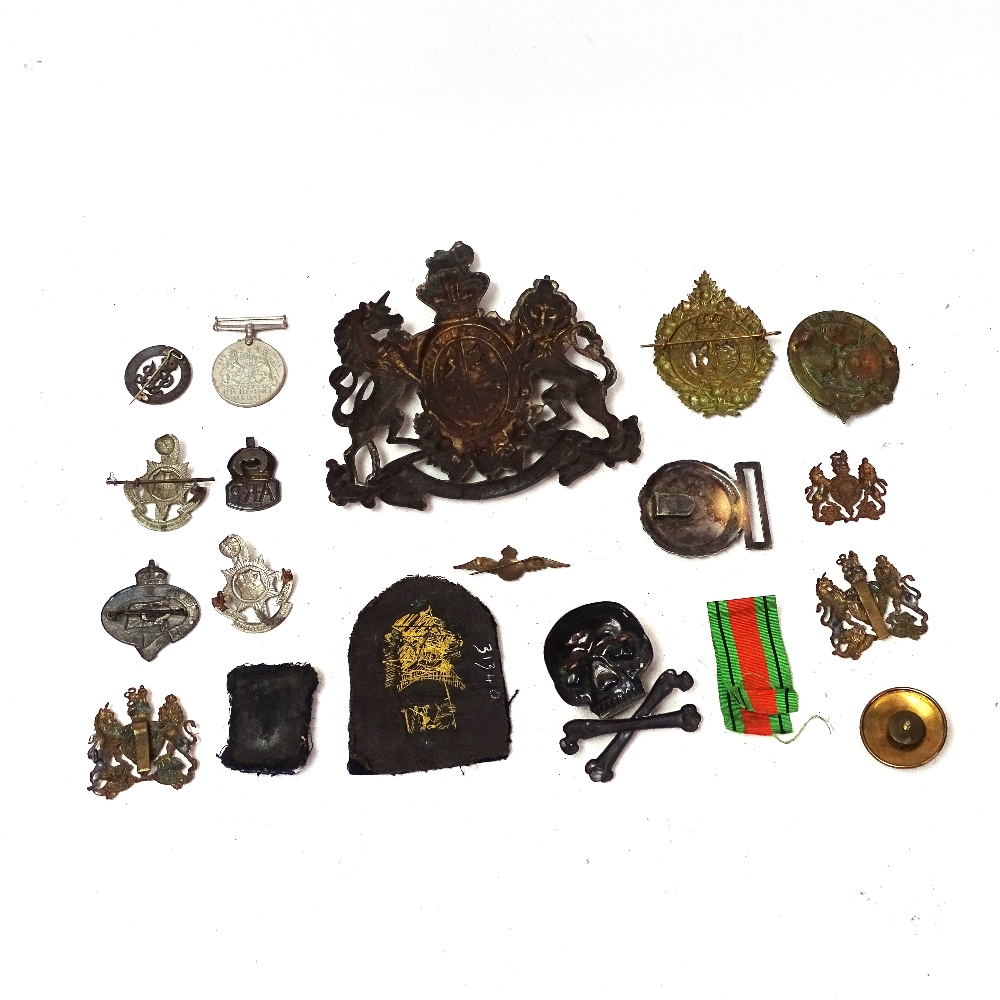 Various Army and military cap and helmet badges, including unmarked white metal skull and - Image 2 of 3