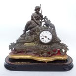A French 19th century cast-brass 8-day mantel clock, surmounted by figure with kidd, on ebonised