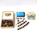 Various world coins and banknotes, mostly British including cartwheel penny, and a Second War German