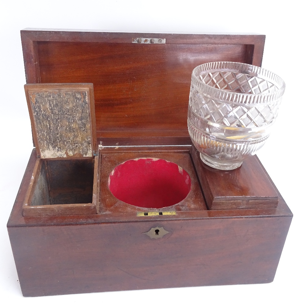 A 19th century mahogany rectangular tea caddy, with internal central glass bowl and removable - Image 2 of 3