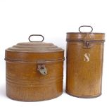 2 painted metal hat tins with swing handles and locking hinges, largest height 38cm (2)
