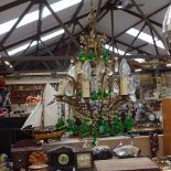 A Vintage brass and moulded glass droplet ceiling light chandelier, height excluding fitting 50cm
