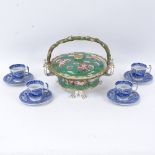 19th century Spode porcelain potpourri basket on paw feet, with twig design handle, 25cm diameter