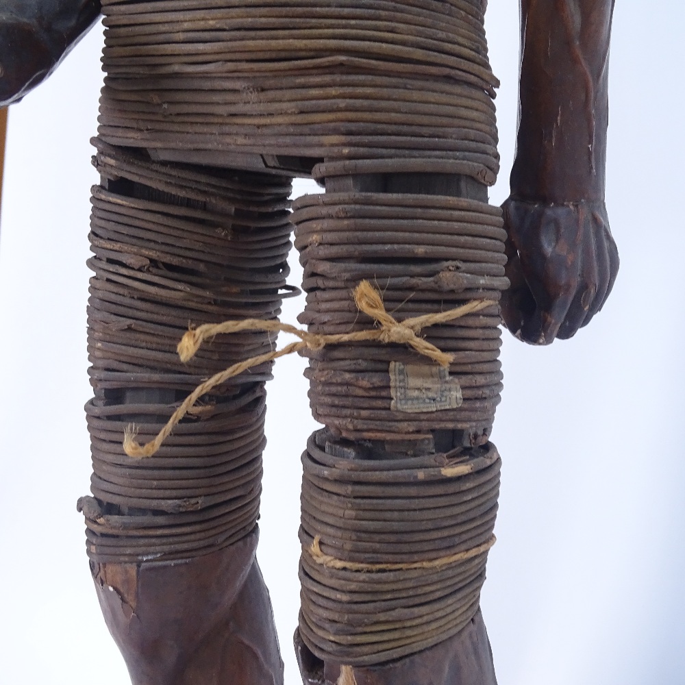 A 19th century carved and lacquered wood figure of an elderly man, bentwood-bound body with - Image 3 of 3