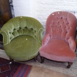 A Victorian green button-back upholstered nursing chair, and a Victorian pink button-back