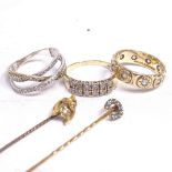 Various gold jewellery, to include 15ct gold pearl and diamond wishbone stick pin, a 9ct white and
