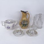 2 Antique cut-glass decanters and stoppers, tallest 21cm, 19th century teapot depicting Baron