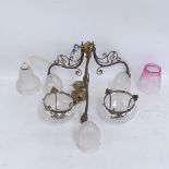 A brass 3-branch chandelier with frosted glass shades, 2 moulded glass ceiling light bowls, and a